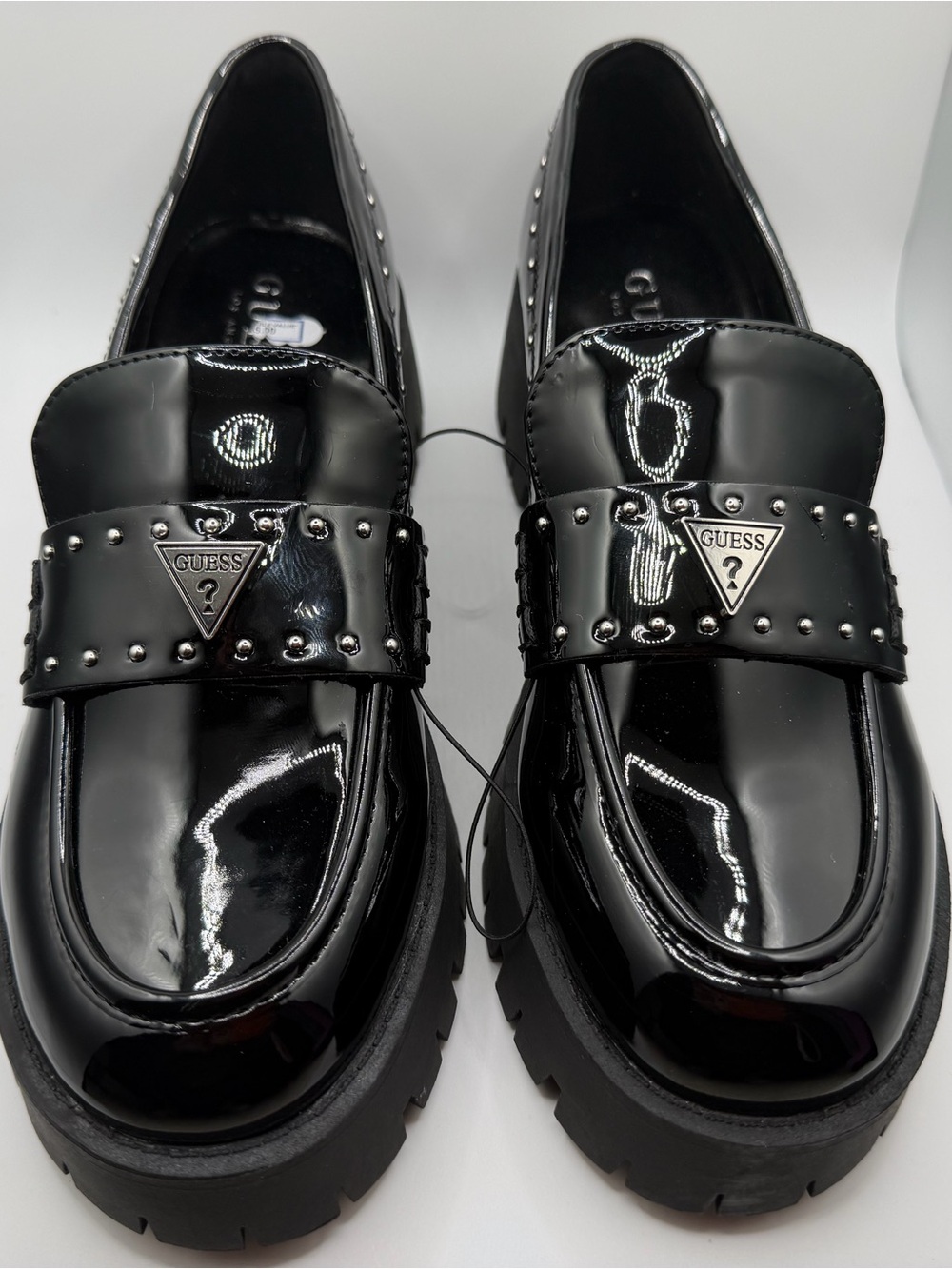GUESS Black Patent Leather Studded Strap Loafers